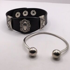 2 Bracelets Vintage Silver Ball Open Cuff & Black Band Western Slider Accents